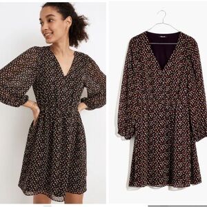 Madewell Georgette Black Ditsy Floral Button-Front Mini Dress Long Sleeve